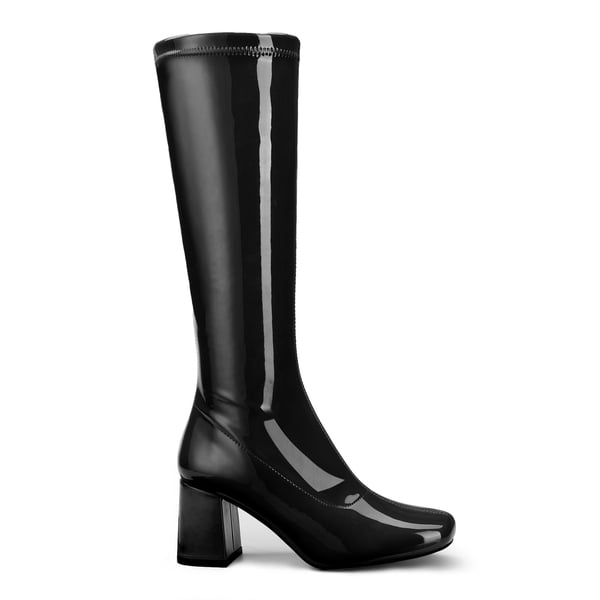 Desire Square Toe Chunky Knee High Gogo Boots - BLACK PATENT PU - 2